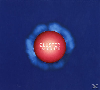 Qluster Albumcover: Rote Kugel in einem blauen Ring auf dunkelblauem Hintergrund.