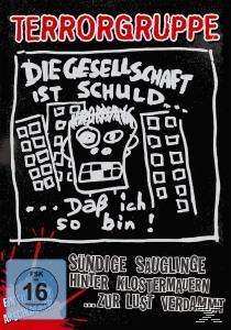 DVD-Cover für 'Terrorgruppe: Die Gesellschaft ist Schuld'. Eine Skizze eines Gesichts und Gebäuden.