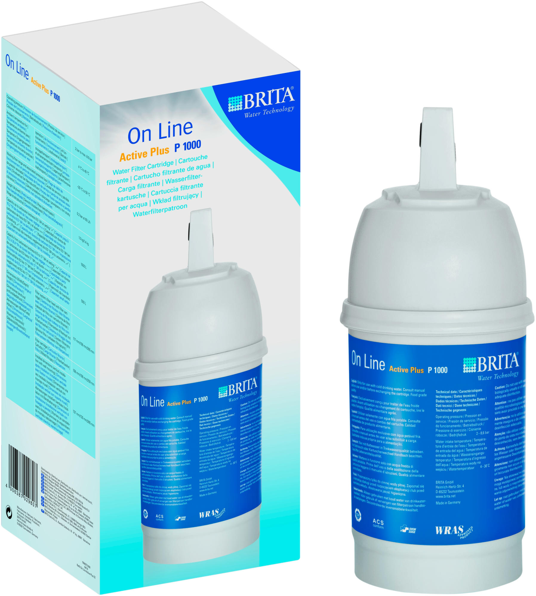 Weiße Brita Wasserfilterpatrone und -box, Text: Active Plus P 1000.