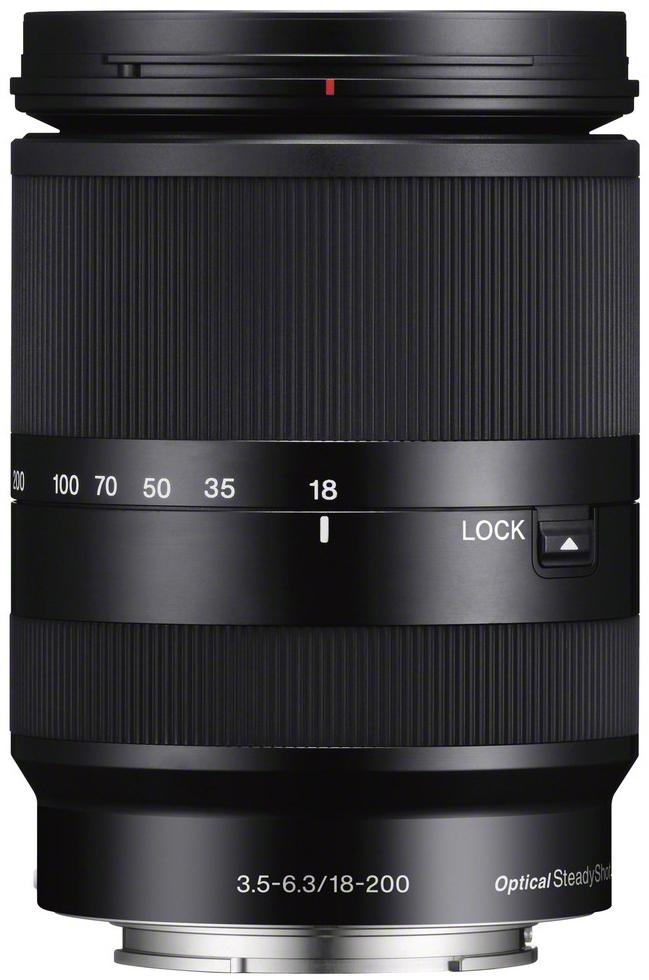 Ein schwarzes Kameraobjektiv mit Zoomring und Fokusskala, beschriftet mit 18-200.