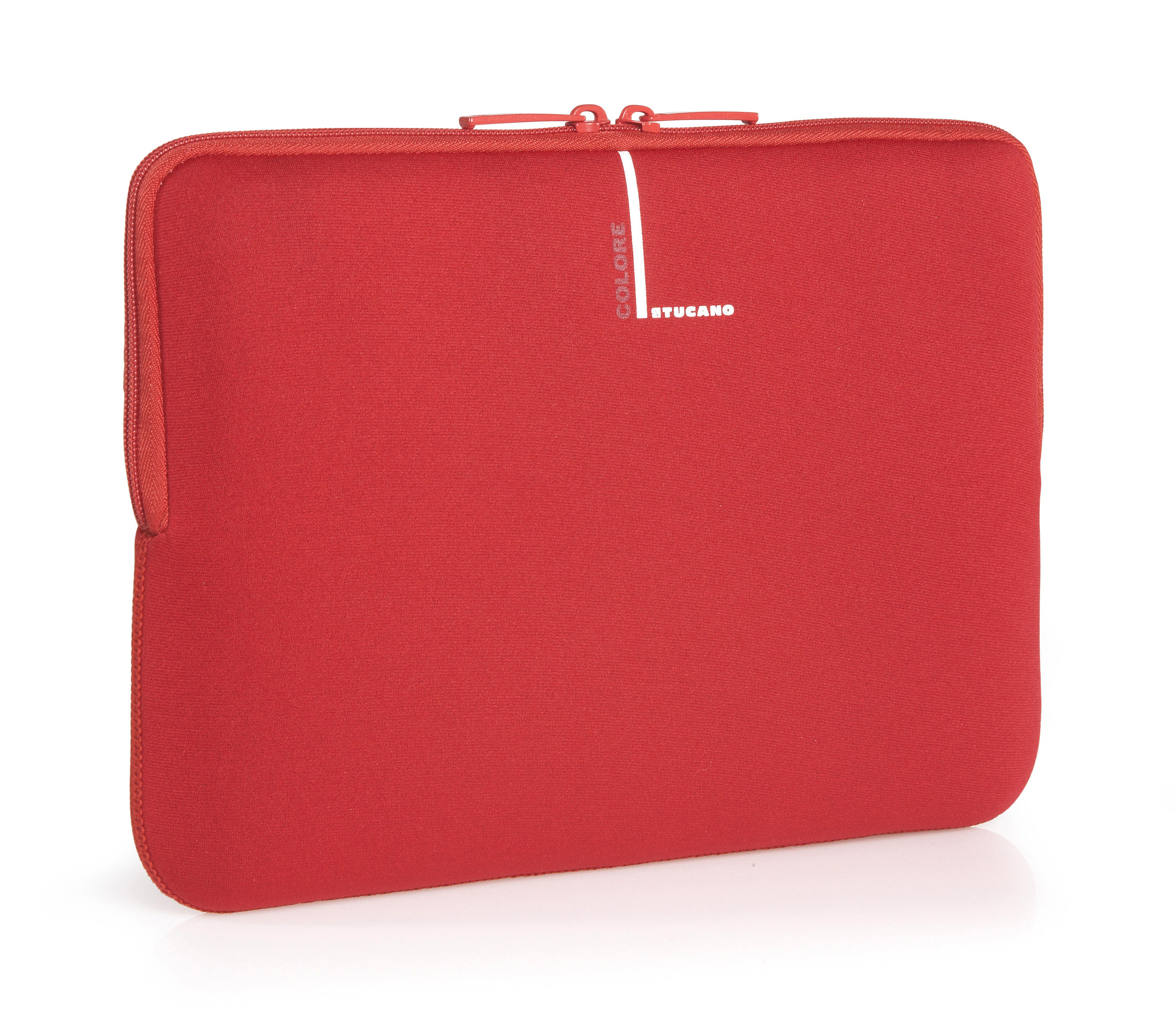 Rote Laptop-Hülle mit Reißverschluss und Markennamen an der Seite.