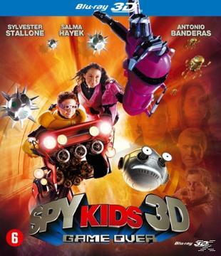 Couverture Blu-ray de 'Spy Kids 3D: Game Over' avec acteurs, robots et titre du film.