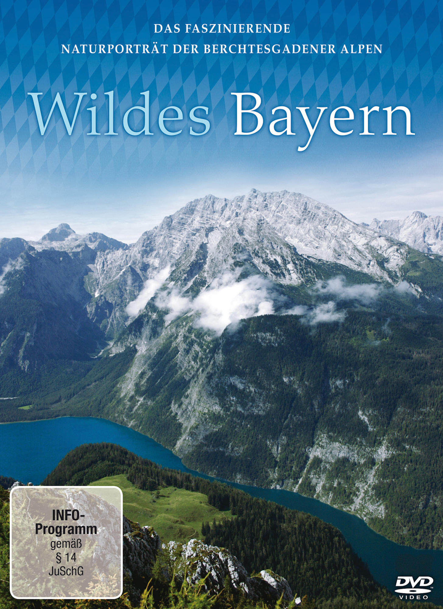 Wildes Bayern DVD-Cover. Ein Bergmassiv mit einem See. Text: Wildes Bayern, Das faszinierende Naturporträt.