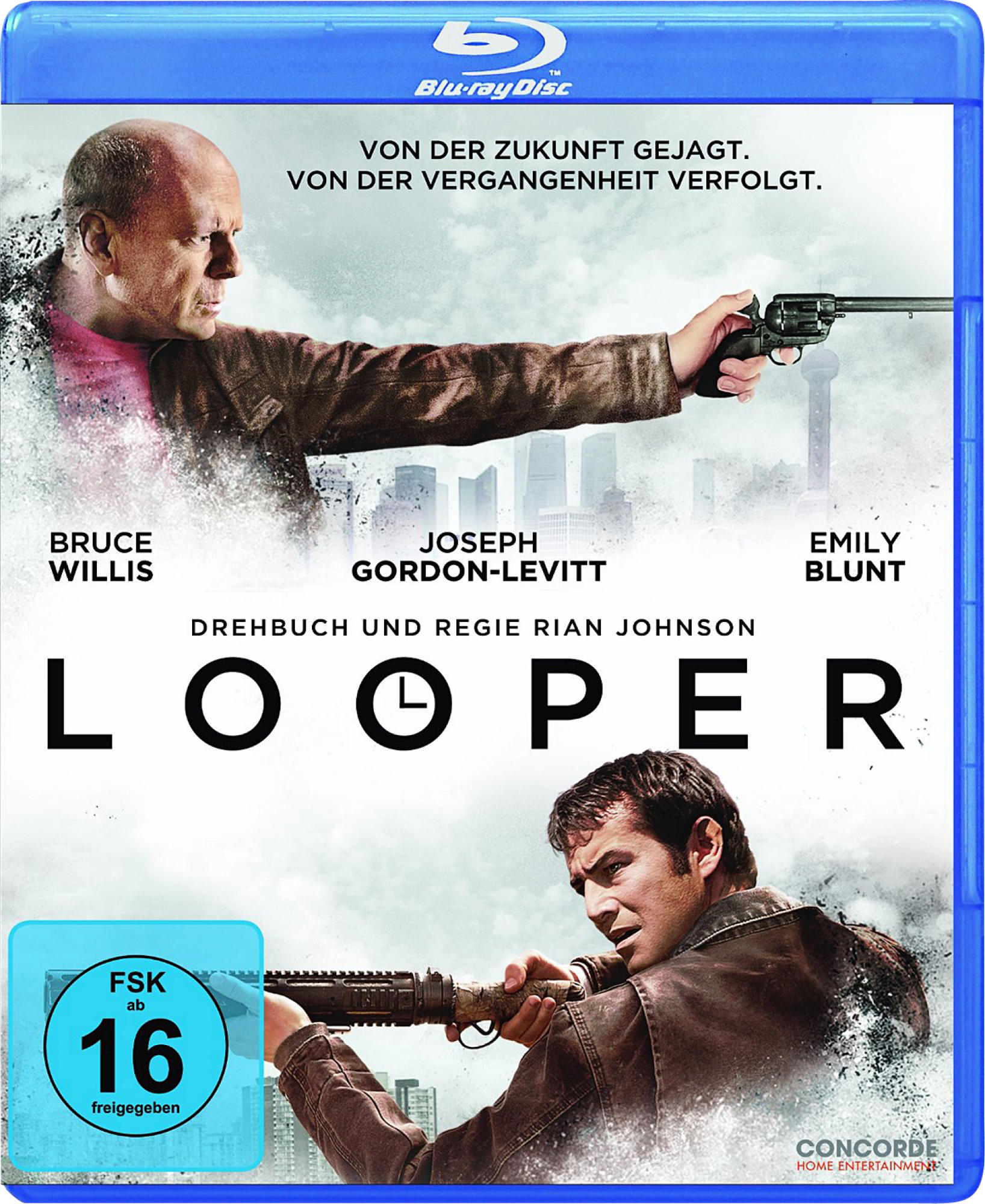 Looper-Filmcover mit Bruce Willis und Joseph Gordon-Levitt, die Waffen halten, eine Skyline im Hintergrund.
