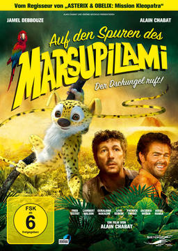 Filmposter mit zwei Männern, einem gelben Tier und einem Papagei. Titel ist auf Französisch.