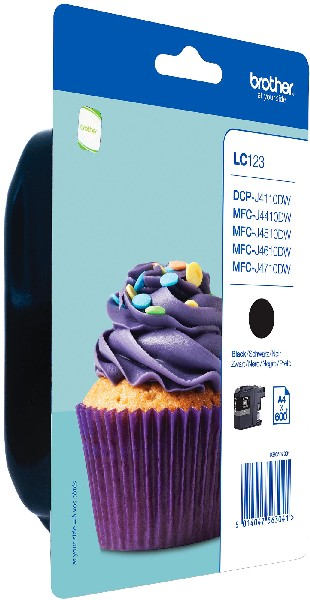 Un paquete de cartuchos de tinta Brother con una ilustración de cupcake y la etiqueta LC123.