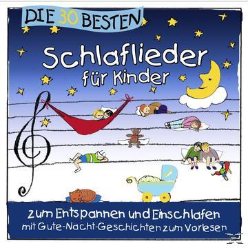 Albumcover: Schlafende Kinder, ein Mond, Sterne und Text 'Die 30 Besten Schlaflieder für Kinder'.