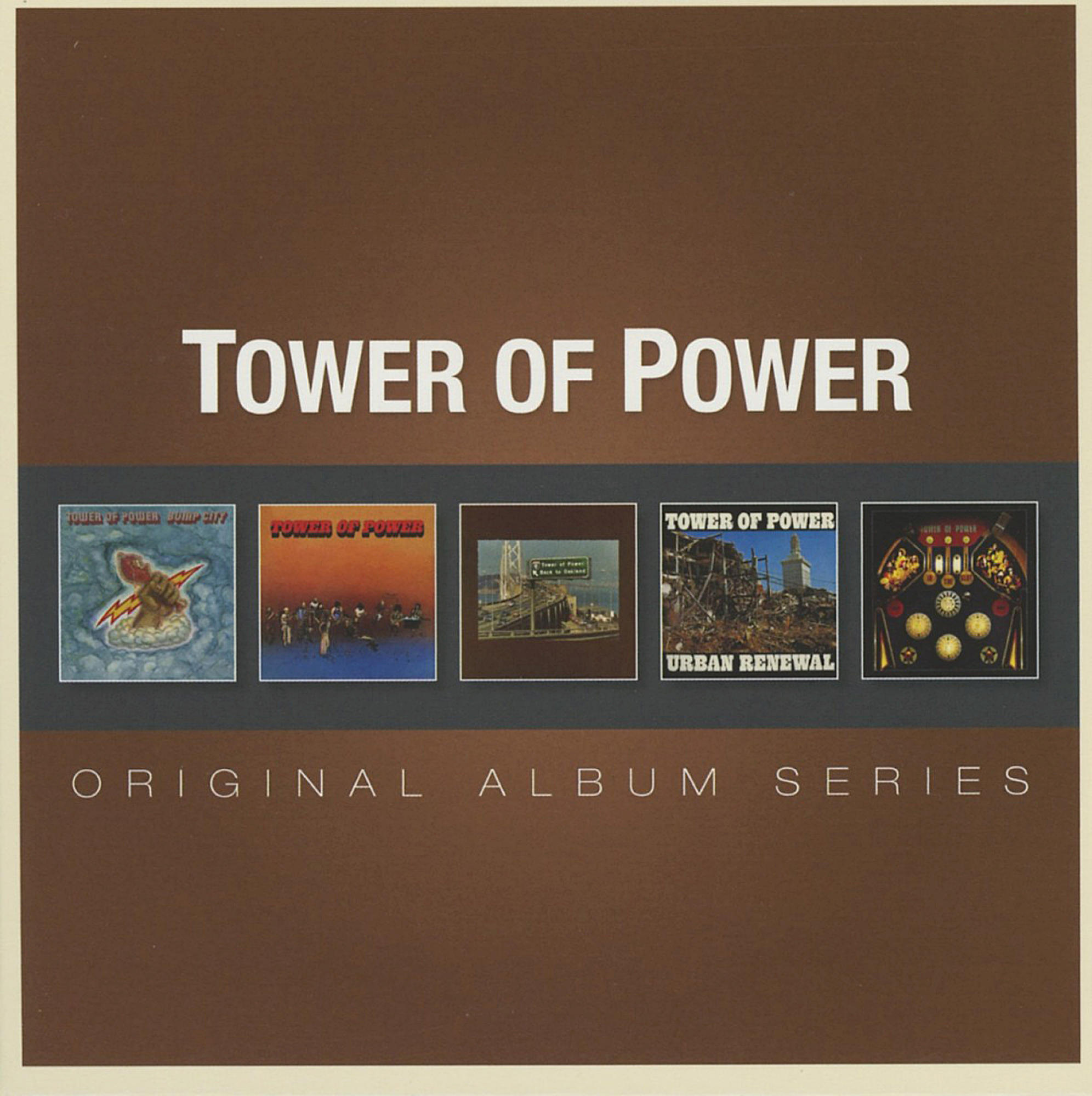 Albumcover für Tower of Power. Es zeigt fünf verschiedene Albumcover in einer Reihe.