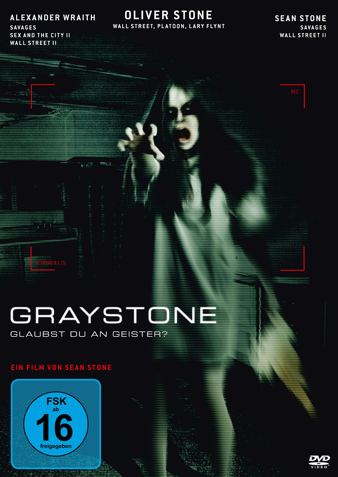 DVD-Cover für 'Graystone'. Frau mit gruseligem Gesicht, dunkles Thema, Film Credits.
