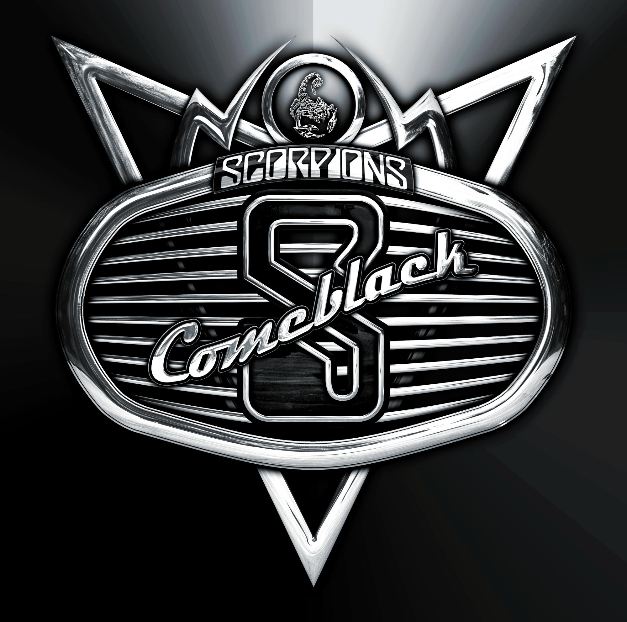 Albumcover für Scorpions' 'Comeblack' mit Chromlogo auf schwarzem Hintergrund.