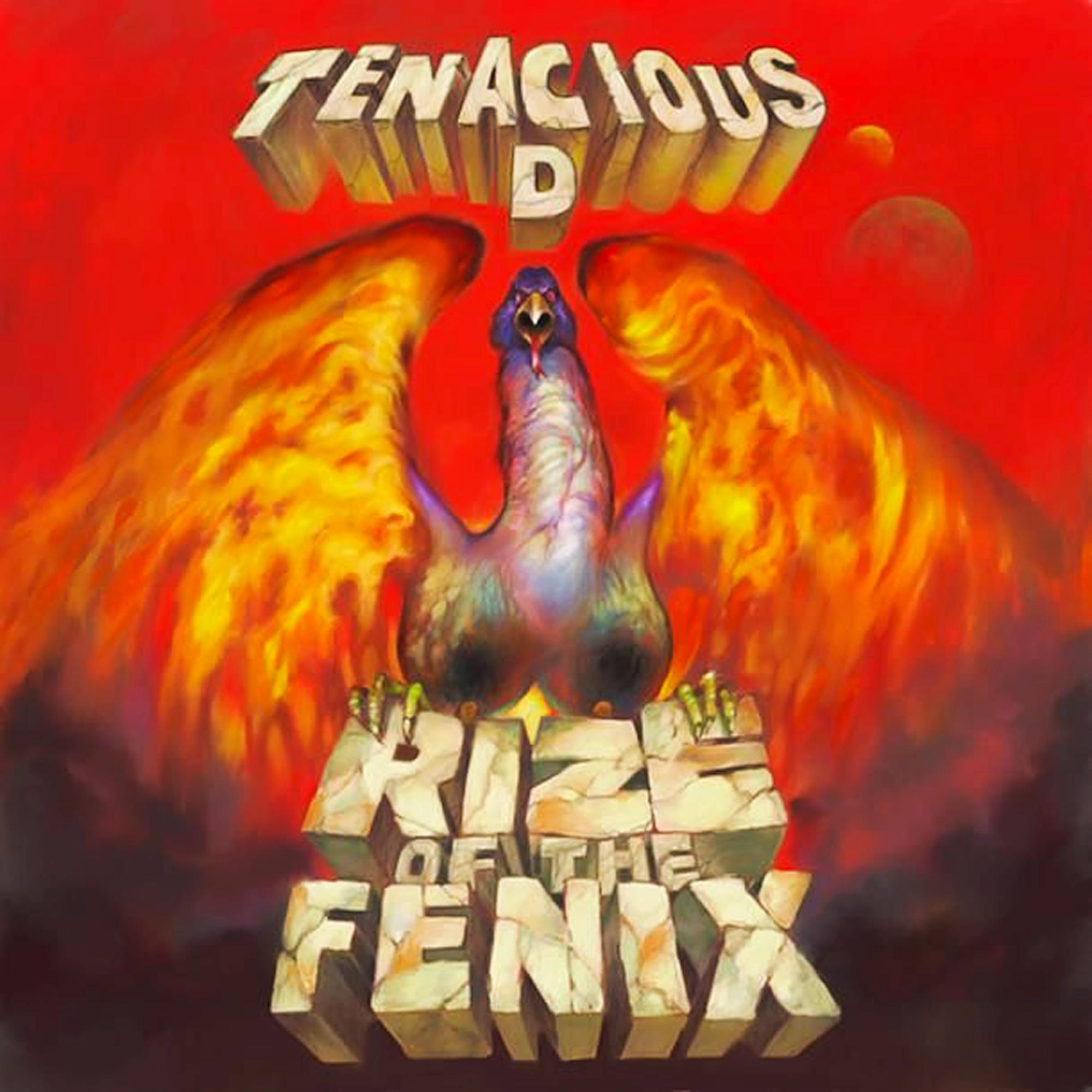 Albumcover, Tenacious D, Rize of the Fenix. Ein Phönix mit großen Flügeln vor rotem Hintergrund.