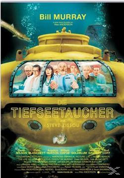 Filmposter eines gelben U-Boots unter Wasser, mit Schauspielern und Text.