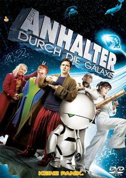 DVD-Cover für 'Per Anhalter durch die Galaxis'. Gruppe von Leuten, Roboter und Weltraum-Hintergrund.