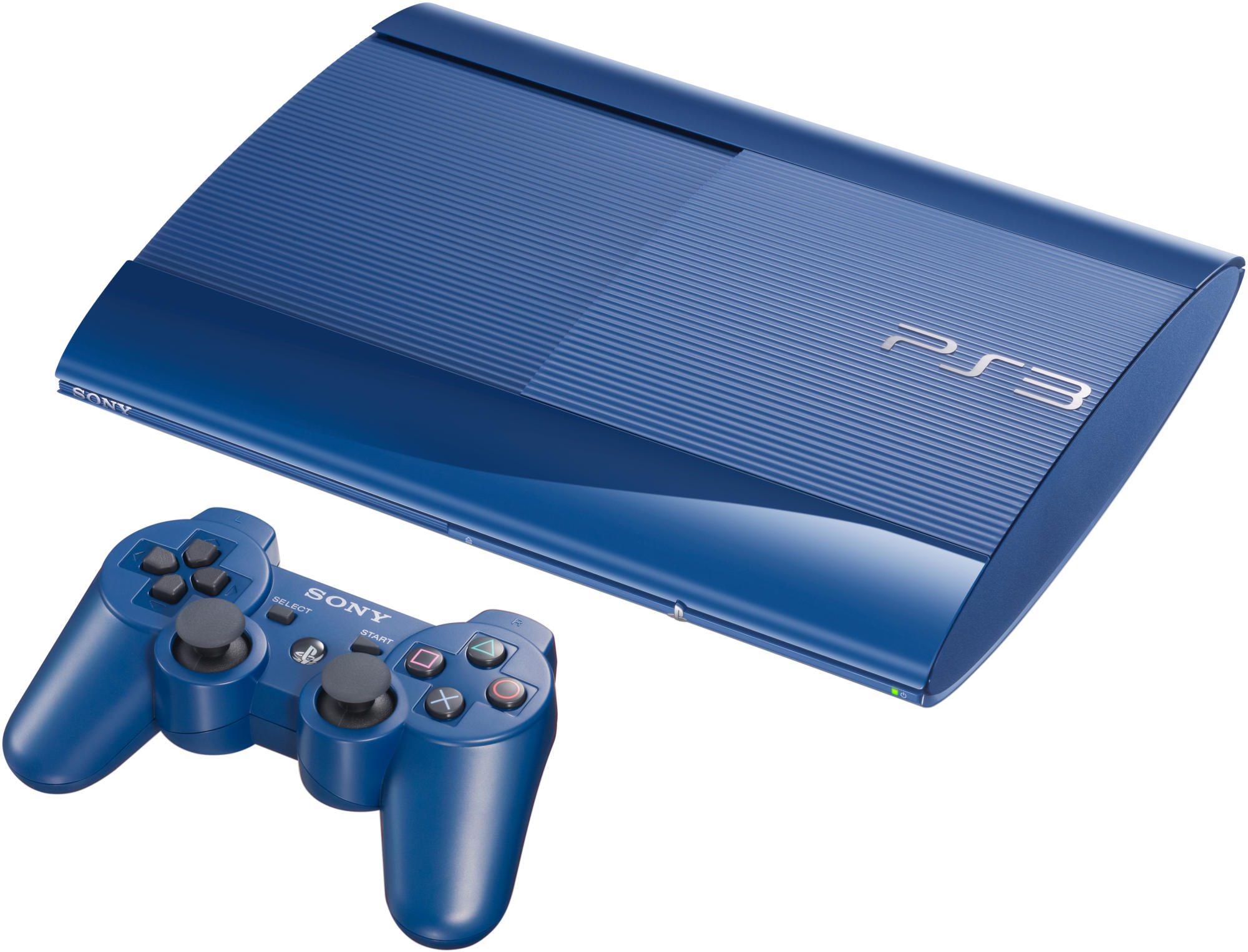 Se muestran una consola PS3 azul y un controlador, ambos con un acabado azul brillante.