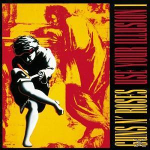 Albumcover: Guns N' Roses, mit einer schreibenden Figur. Gelber und roter Hintergrund.