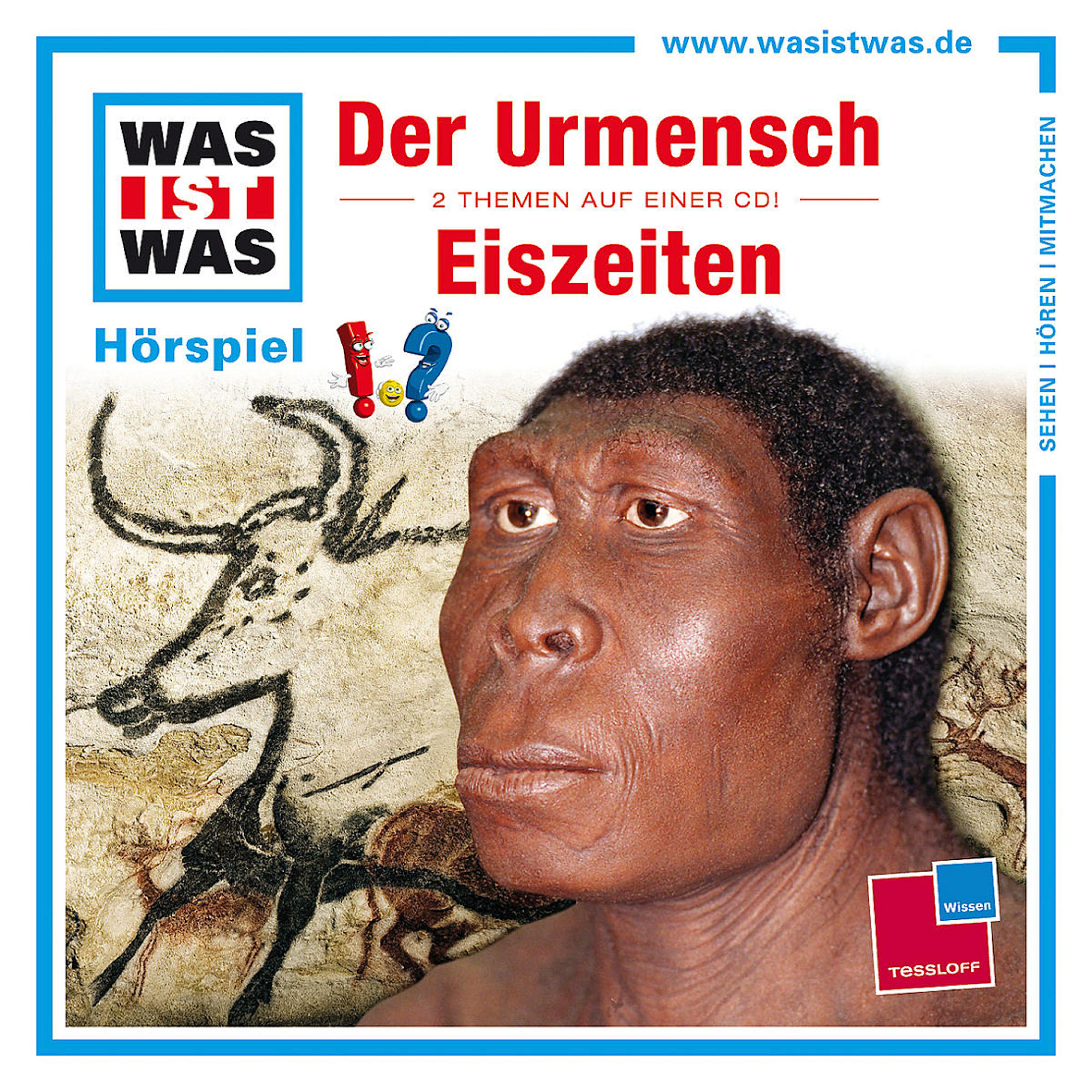 Cover für ein Kinderhörspiel. Ein Neandertaler-Gesicht ist zentriert, umgeben von Text.