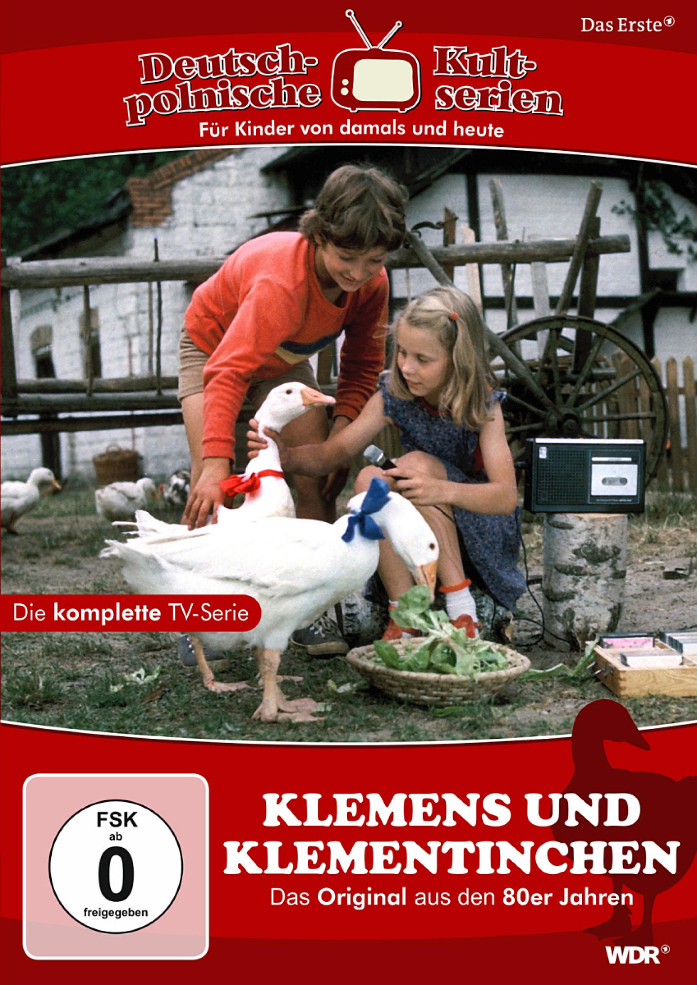 Cover einer TV-Serien-DVD mit zwei Kindern und zwei Gänsen. Der Titel lautet 'Klemens und Klementinchen'.