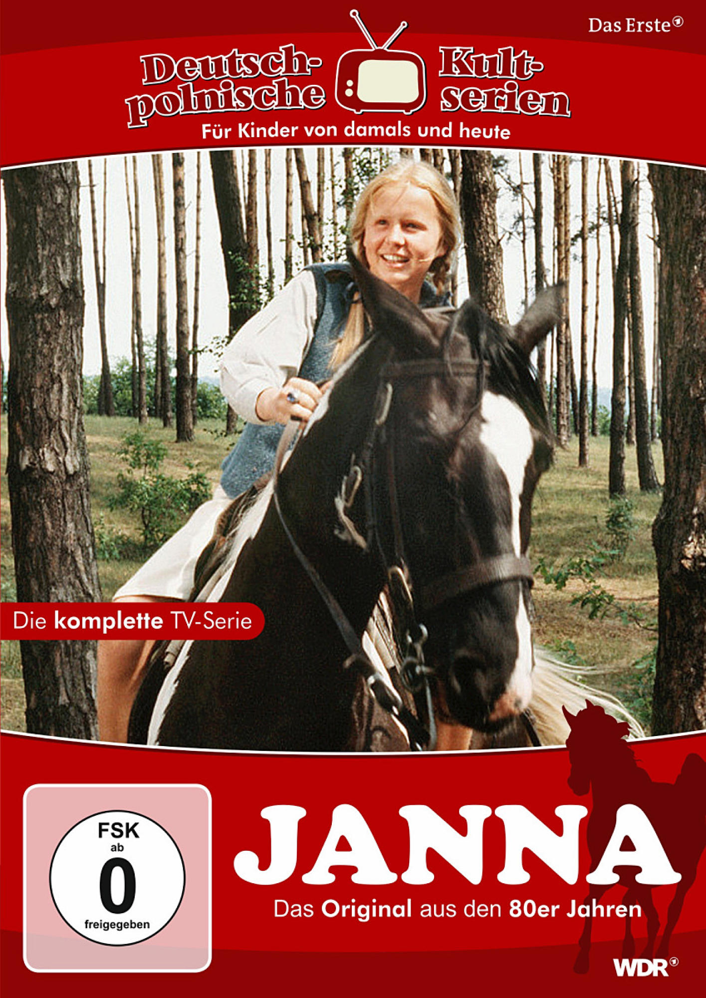 DVD-Cover für Janna. Mädchen reitet Pferd im Wald. Text auf Deutsch. Farbenfroh.