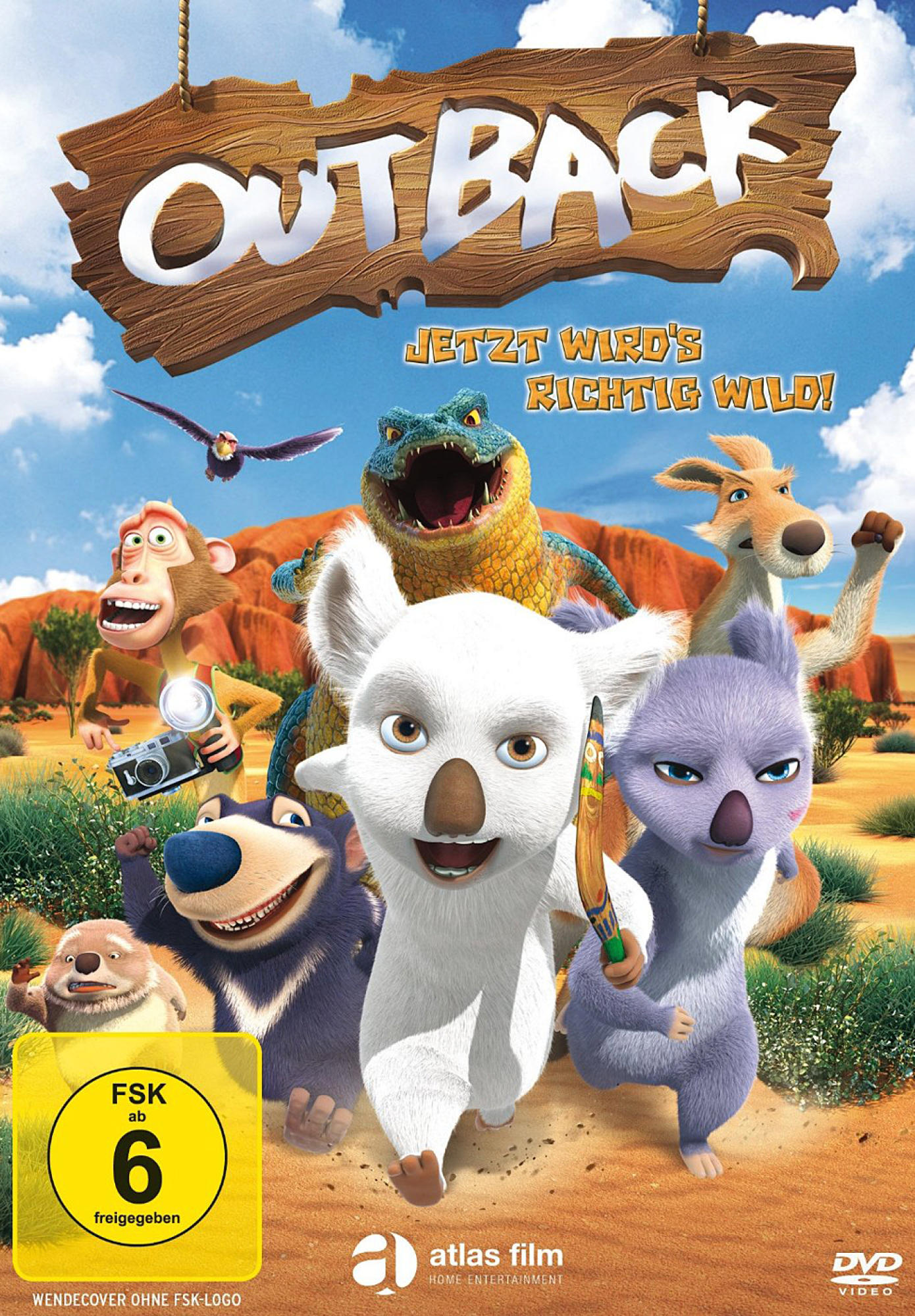 DVD-Cover für einen Zeichentrickfilm mit Zeichentieren in australischer Umgebung.