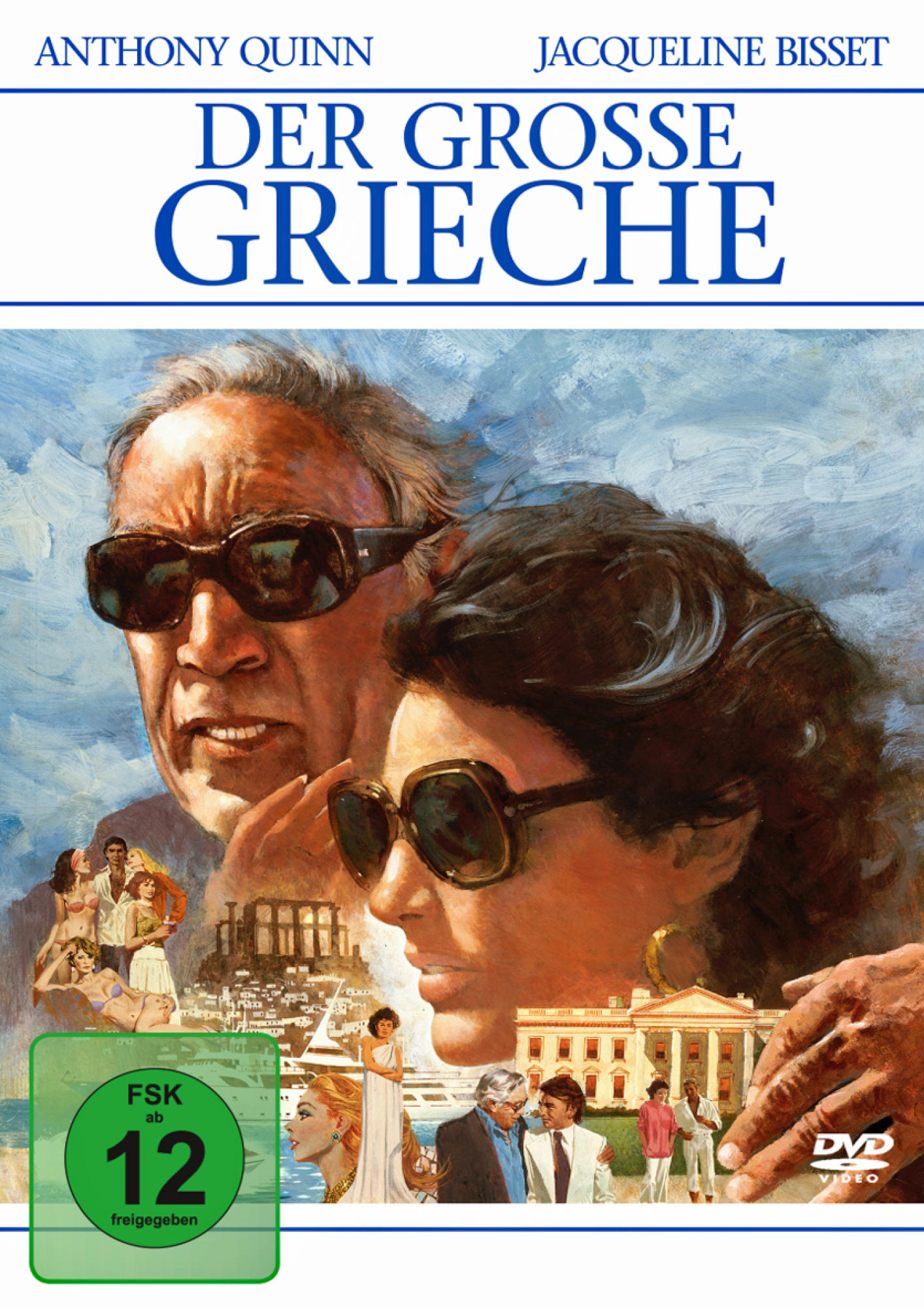 Filmposter mit Anthony Quinn und Jacqueline Bisset. Titel: Der Grosse Grieche. Personen mit Sonnenbrillen, eine Strandszene im Hintergrund.