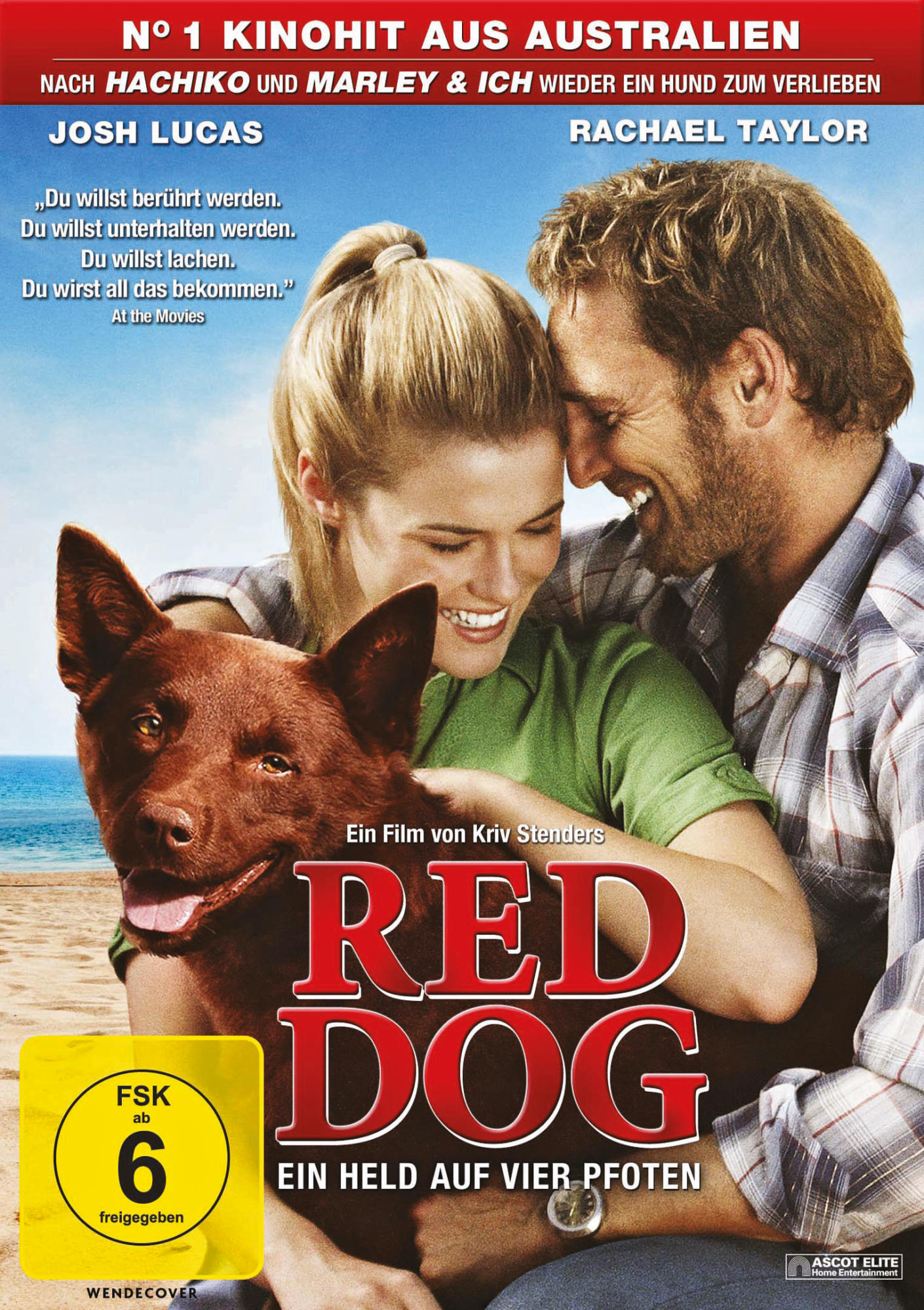 Filmplakat für Red Dog. Ein Mann, eine Frau und ein Hund sind die Motive.