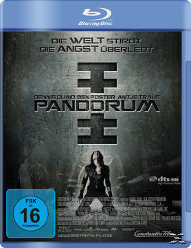 Pandorum DVD-Cover. Ein dunkles Bild mit Text und einer Figur im Zentrum.