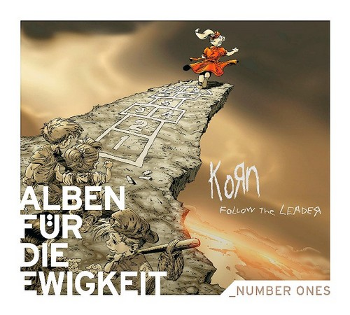 Albumhoes: 'Follow the Leader' van Korn, met cartoonfiguren op een hinkelpad.