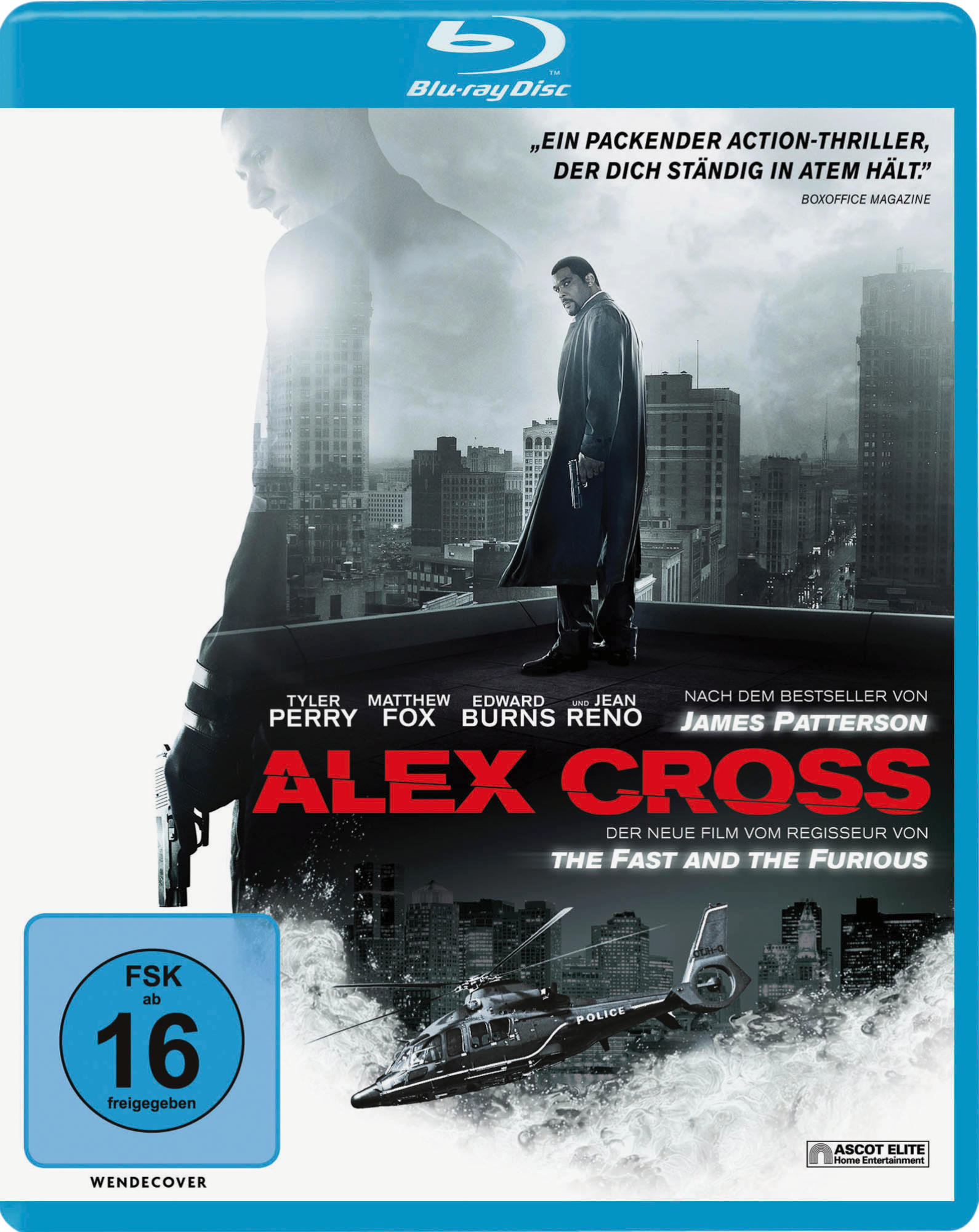 Filmplakat für 'Alex Cross'. Mann im Mantel mit Waffe vor Stadtkulisse, Hubschrauber. Namen der Schauspieler.
