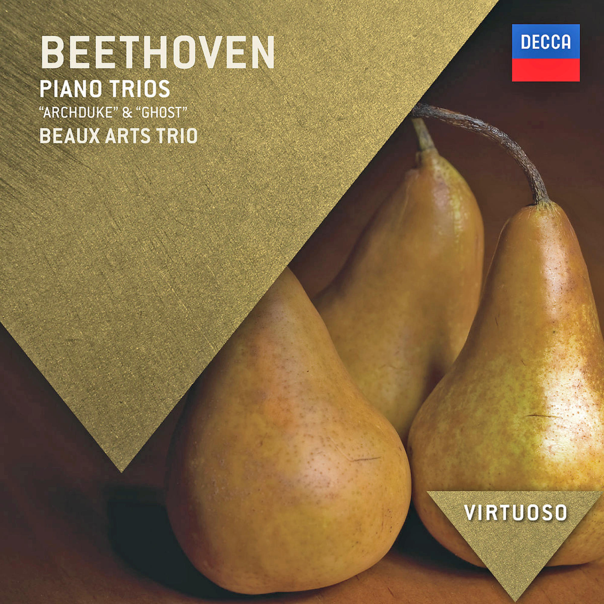 Albumcover: Birnen, goldener Hintergrund, Beethoven, Klaviertrios, Decca-Logo.