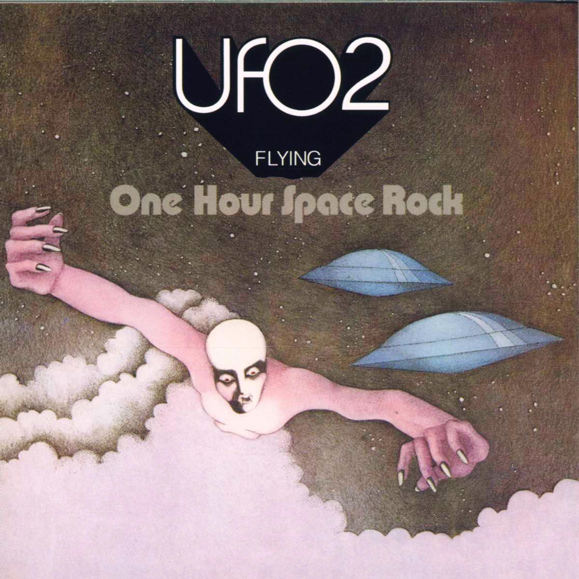 Albumcover mit einer Person, die durch den Weltraum fliegt. Zwei UFOs sind im Hintergrund. Die Worte UFO2 und Flying sind sichtbar.