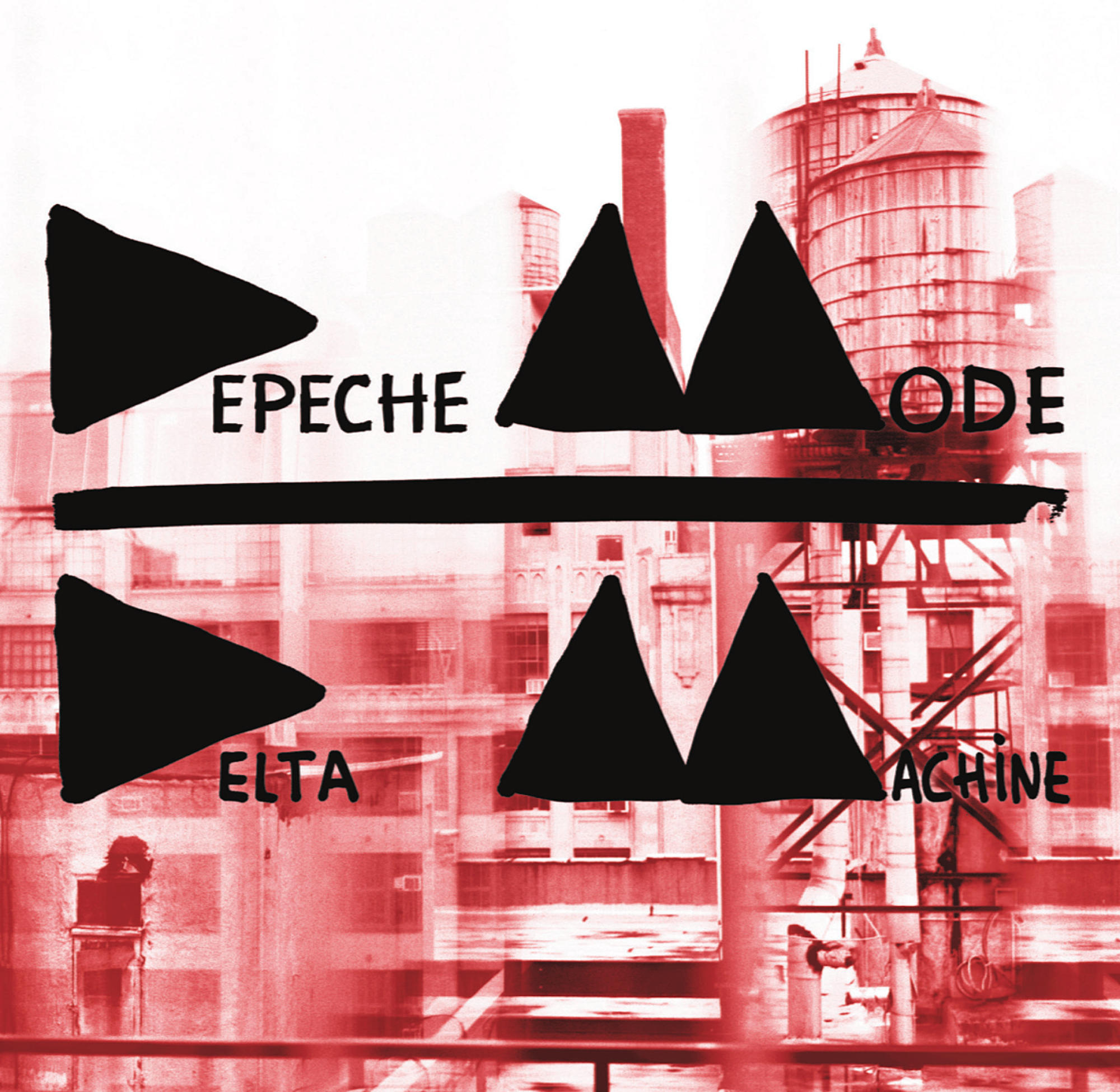 Albumcover: Schwarze Dreiecke über und unter einer schwarzen Linie. Der Hintergrund ist eine rot getönte industrielle Stadtlandschaft.