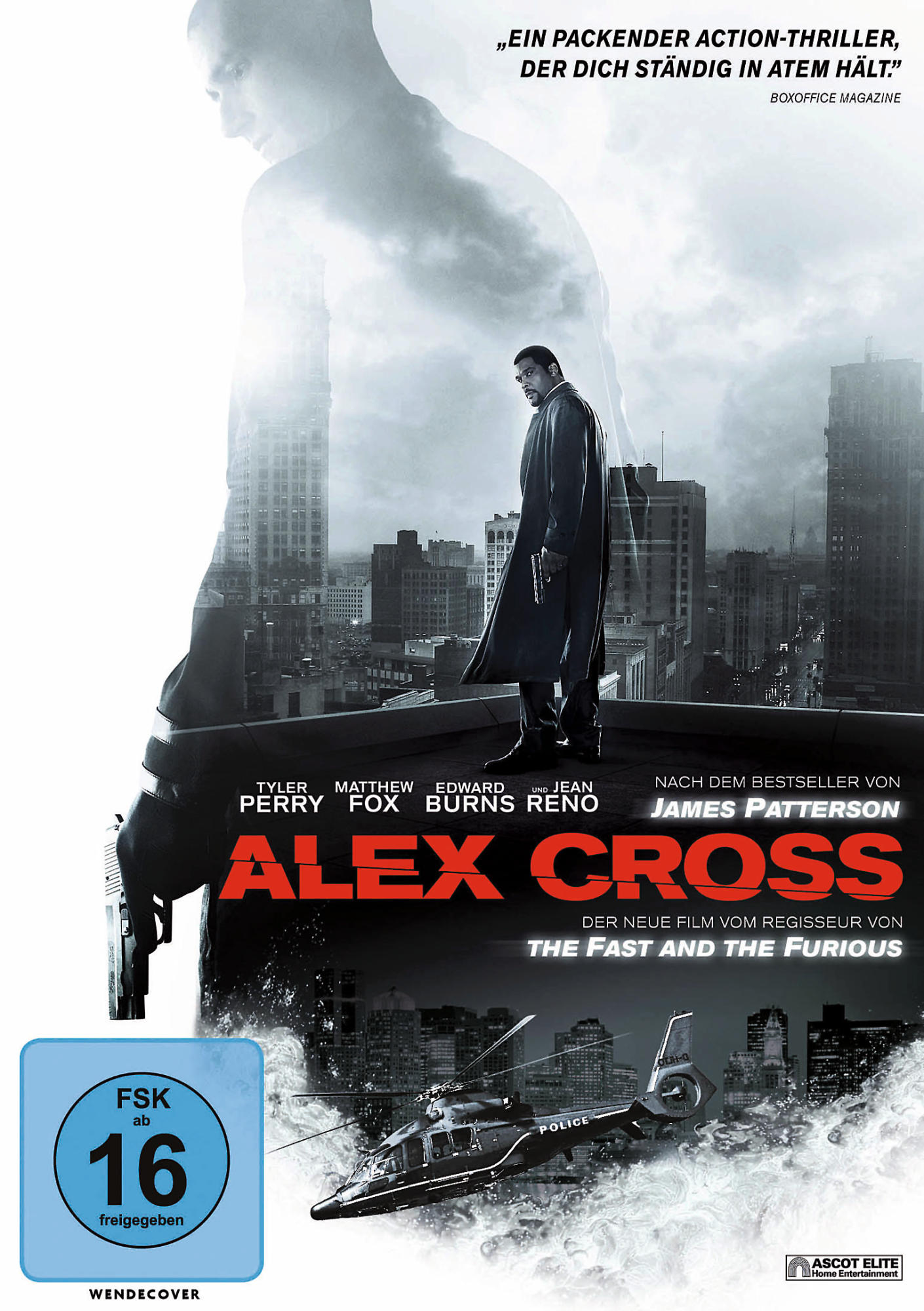 Filmposter für Alex Cross. Zeigt einen Mann mit einer Pistole. Eine Skyline ist im Hintergrund.