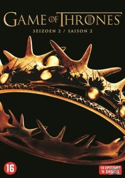 Game of Thrones DVD-hoes met een gouden kroon. Titel is 'Game of Thrones' en 'Saison 2'.