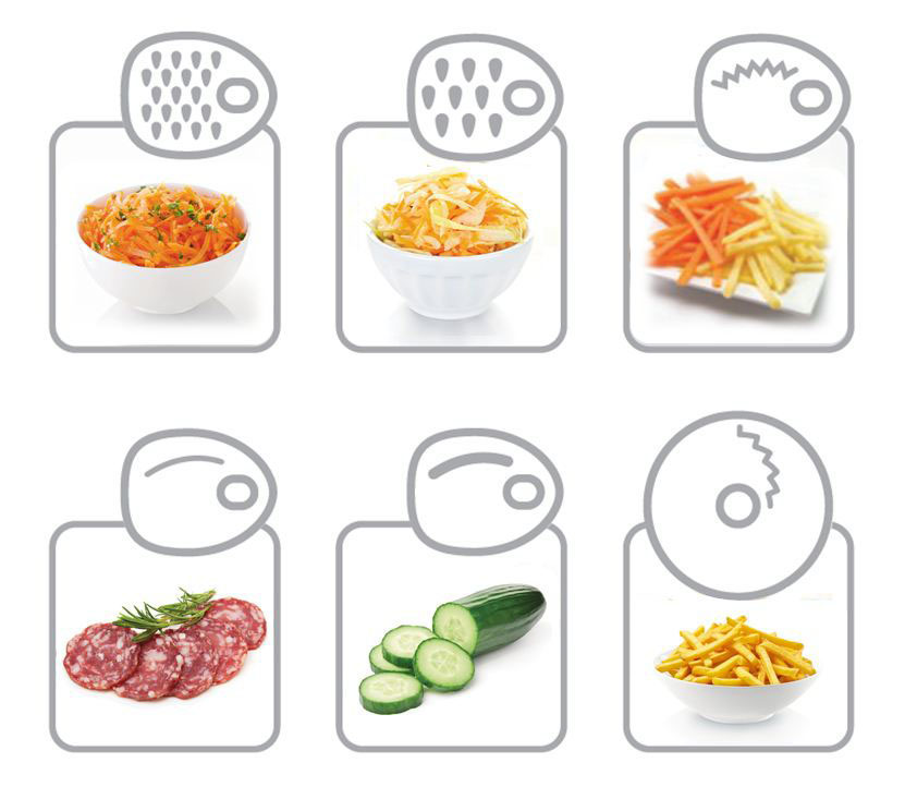 Sechs Bilder: geschnittene Salami, Gurkenscheiben, geriebene Karotten und Kohl und Bratkartoffeln.