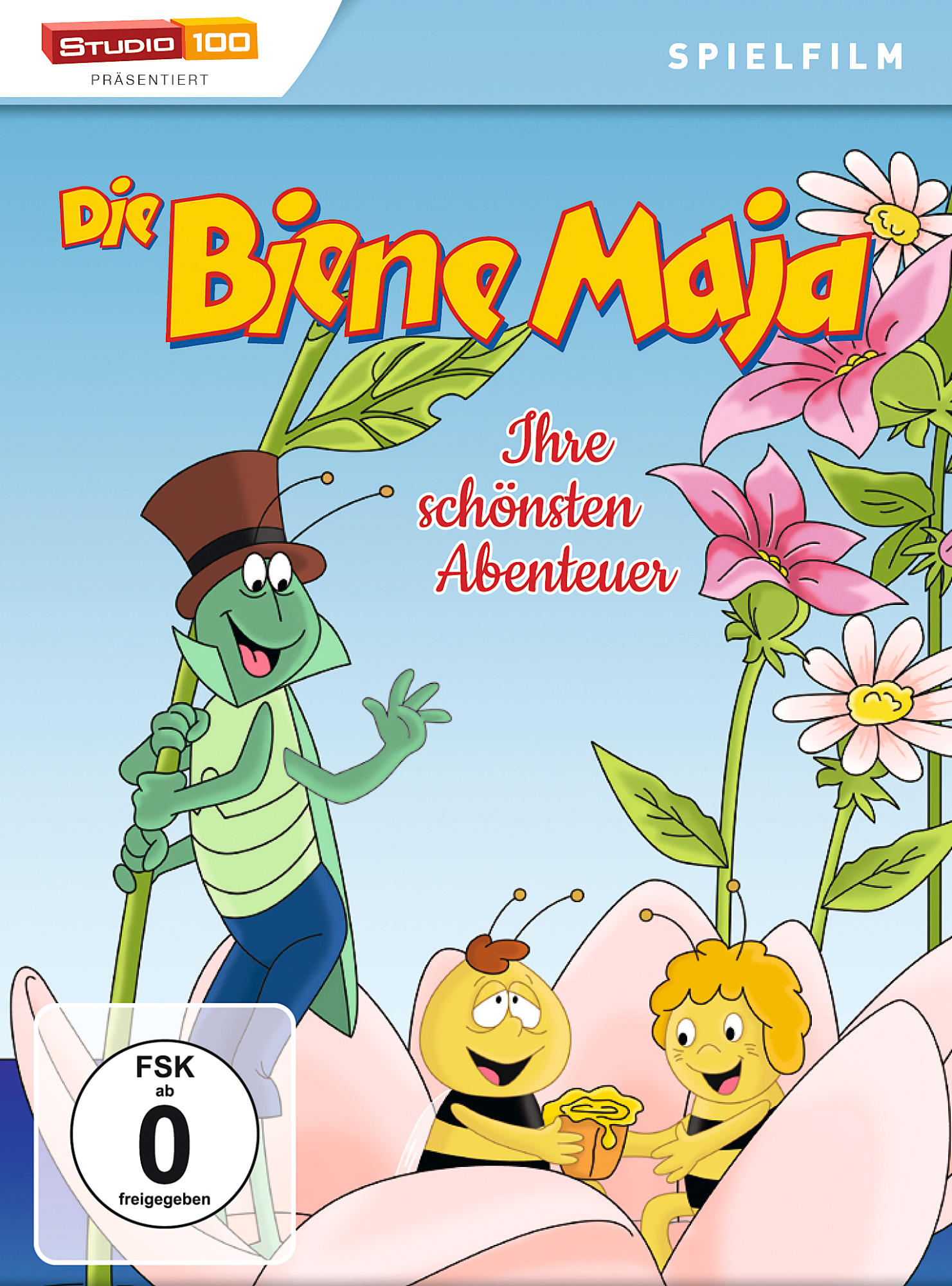 DVD-Cover mit einer Zeichentrick-Heuschrecke und einer Biene, mit dem Titel "Die Biene Maja". Blauer Himmel.