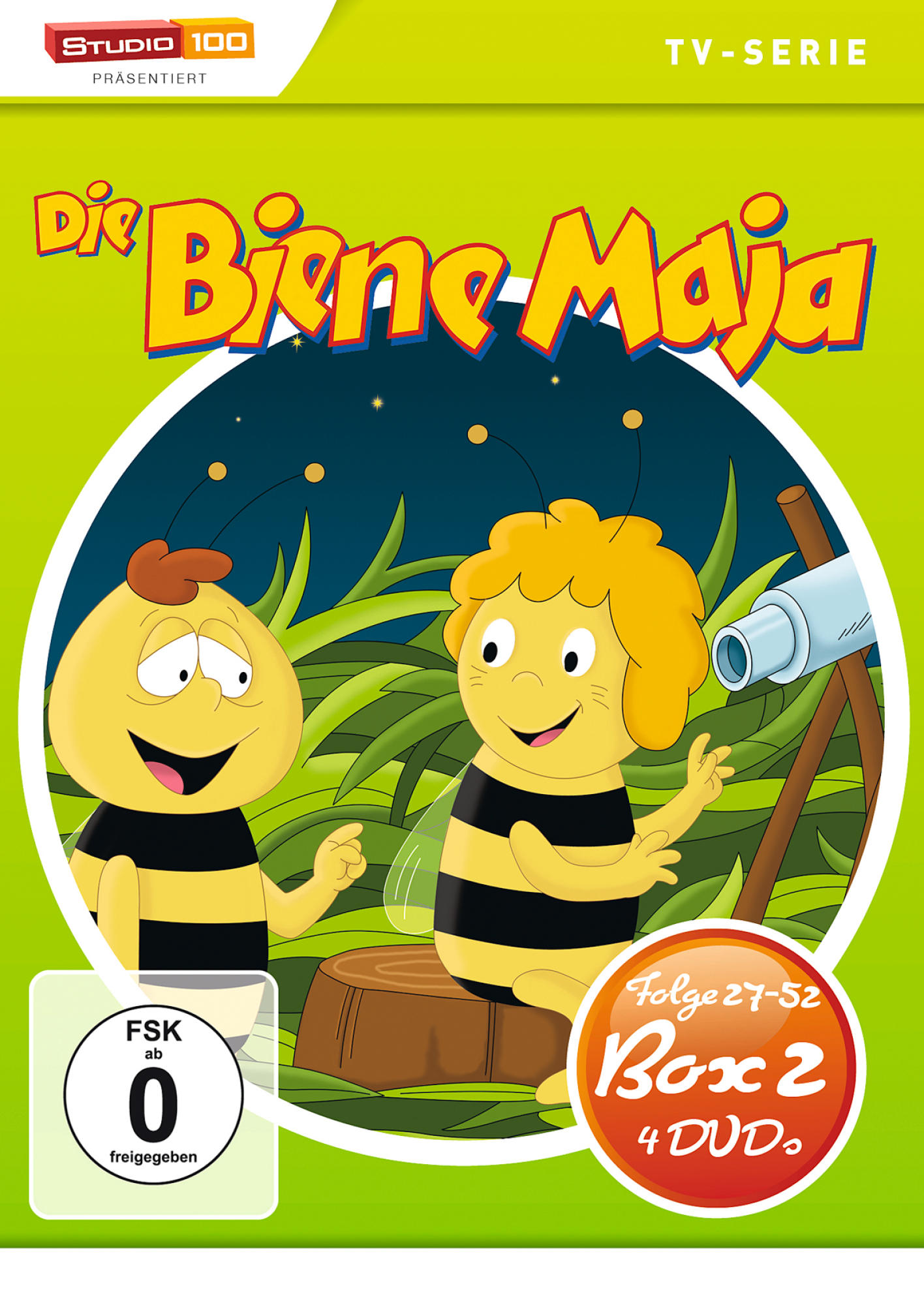 DVD-Cover von 'Die Biene Maja', zwei Bienenfiguren, grüner Hintergrund mit Text.