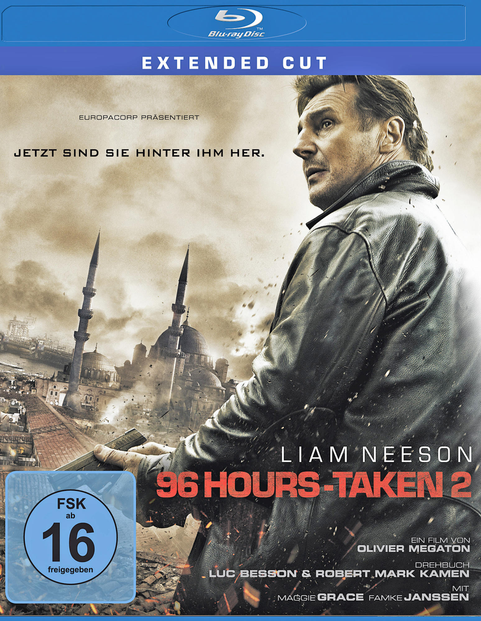 Filmcover. Liam Neeson blickt nach vorne in einer dunklen Umgebung. Titel ist 96 Hours-Taken 2.