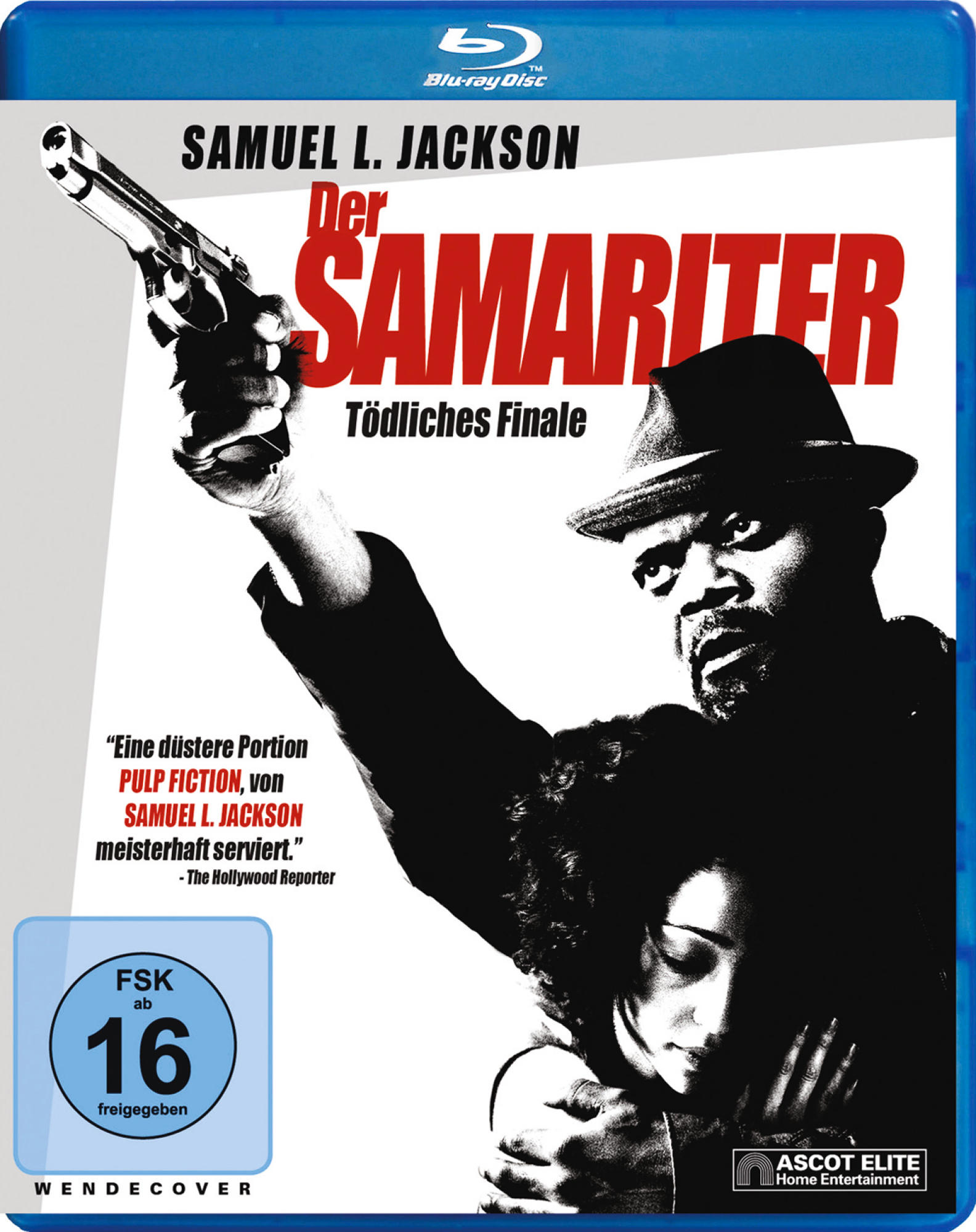 Filmcover. Samuel L. Jackson mit schwarzem Hut und Mantel, der eine Waffe hält. Der Titel lautet 'Der Samariter'.