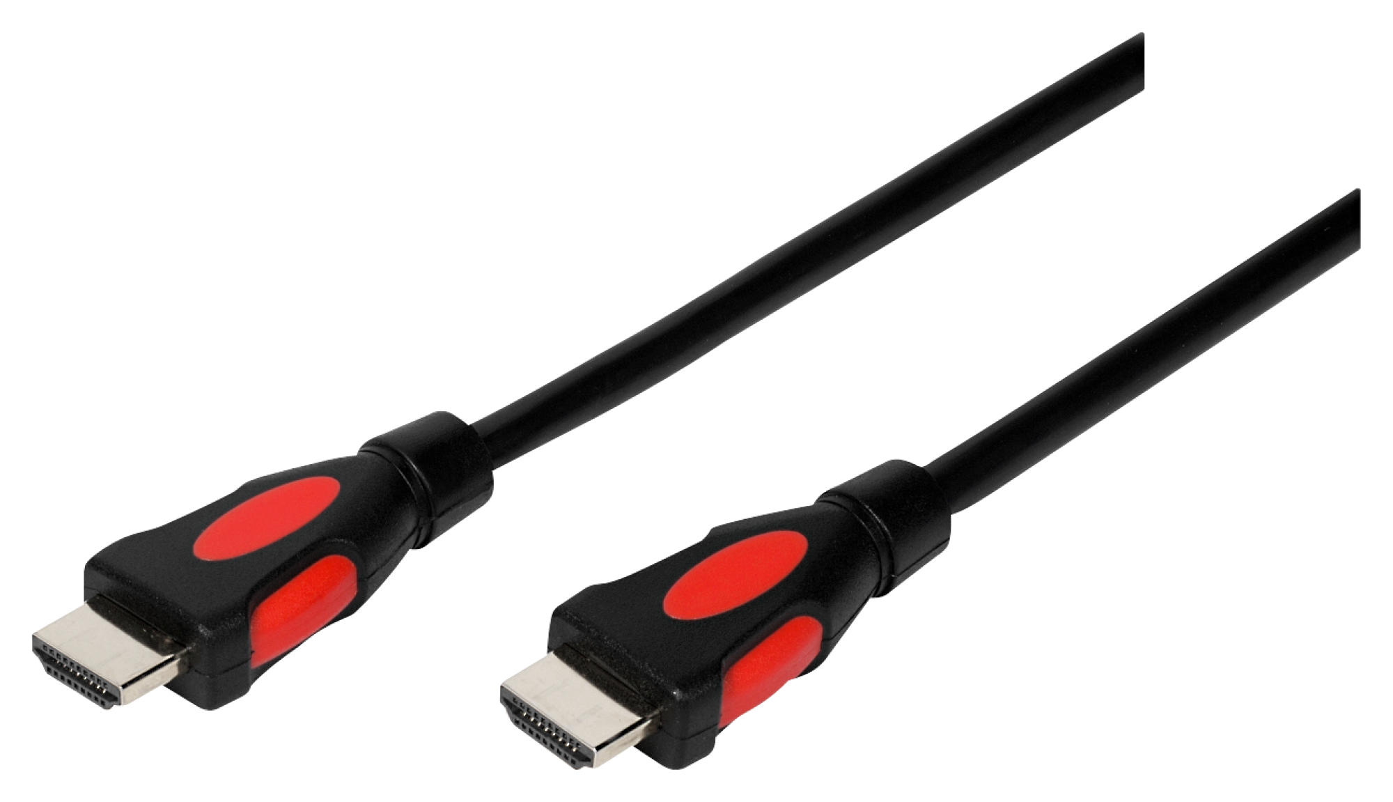 Zwei schwarze HDMI-Kabel mit roten Akzenten und silbernen Steckern vor weißem Hintergrund.
