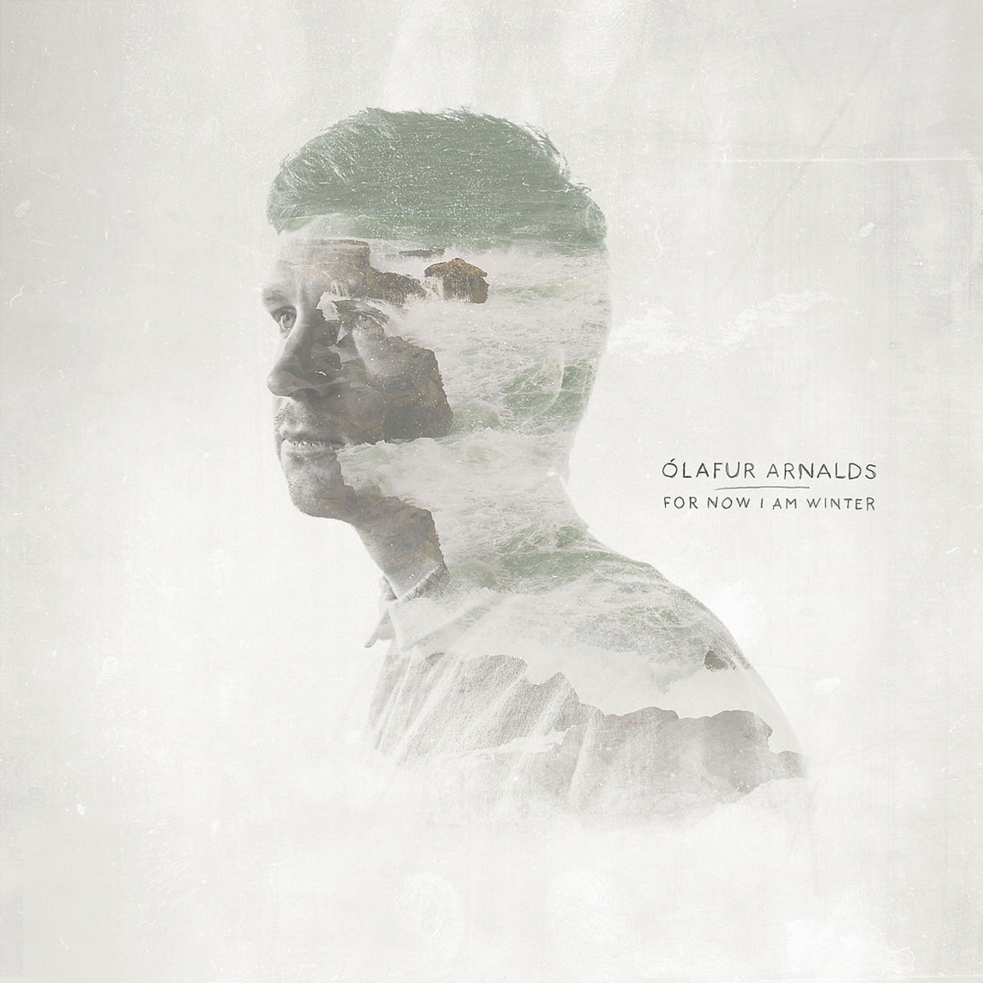 Albumcover: Profil eines Mannes mit Meeresüberlagerung. Titel: Ólafur Arnalds, For Now I Am Winter.