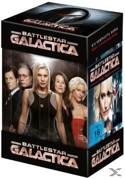 Battlestar Galactica Box-Set-Cover mit Darstellern. Schwarze Box mit Serientitel.