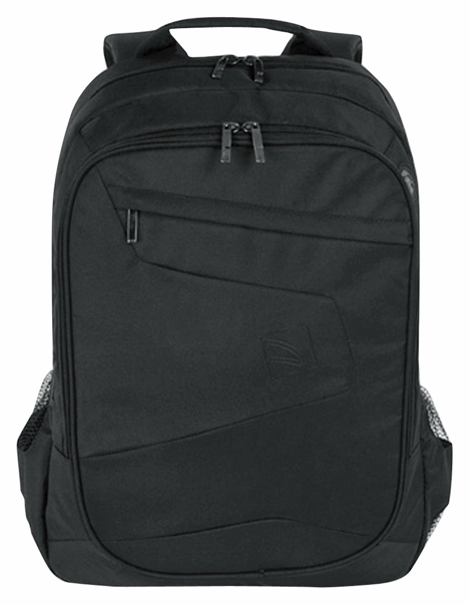 Sac à dos noir avec une poche avant, une petite poche et deux poches latérales en filet. Sur fond blanc.