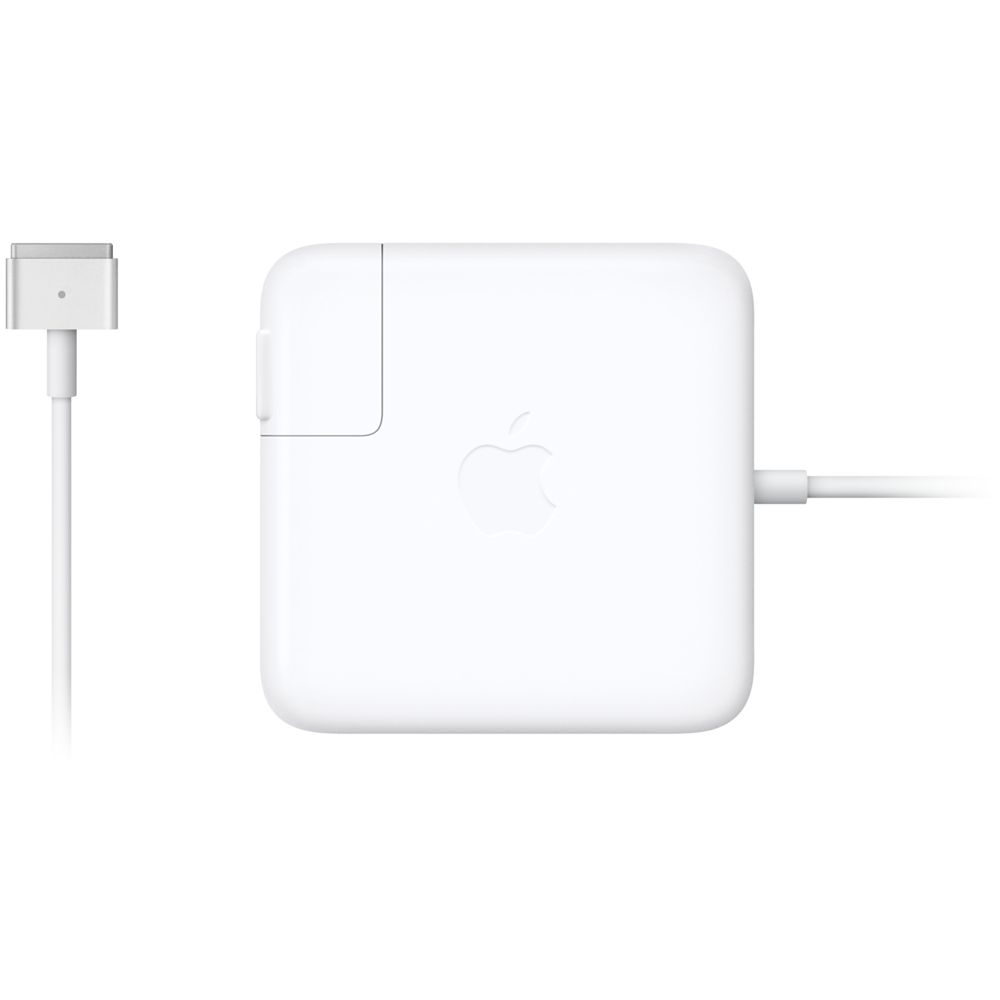 Weißes Apple-Ladegerät mit kleinem Stecker und großem quadratischen Lademodul.