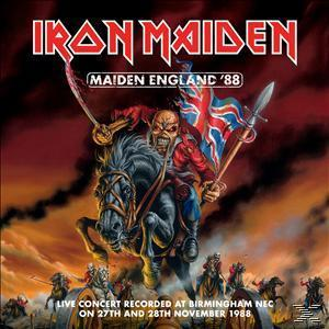 Iron Maiden Albumcover. Ein Skelett auf einem Pferd mit einem Schwert. Rote und schwarze Farben.