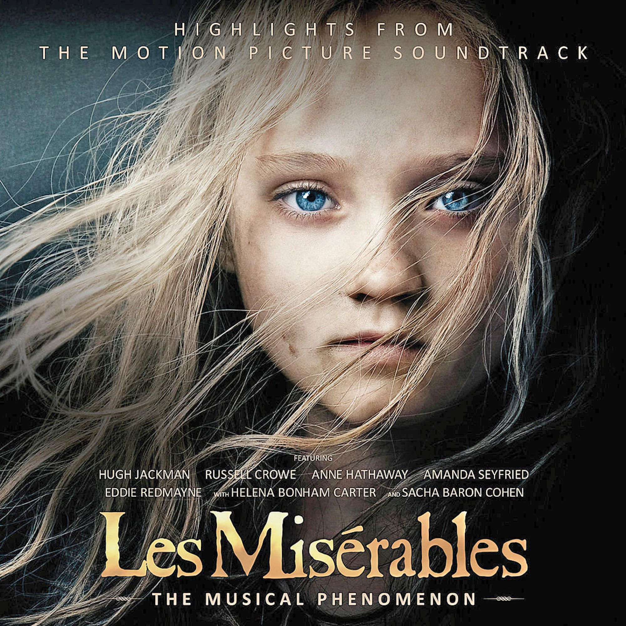 Filmposter für Les Miserables. Ein Mädchen mit blauen Augen ist zentriert. Blondes Haar umgibt ihr Gesicht. Goldener Text ist unten.