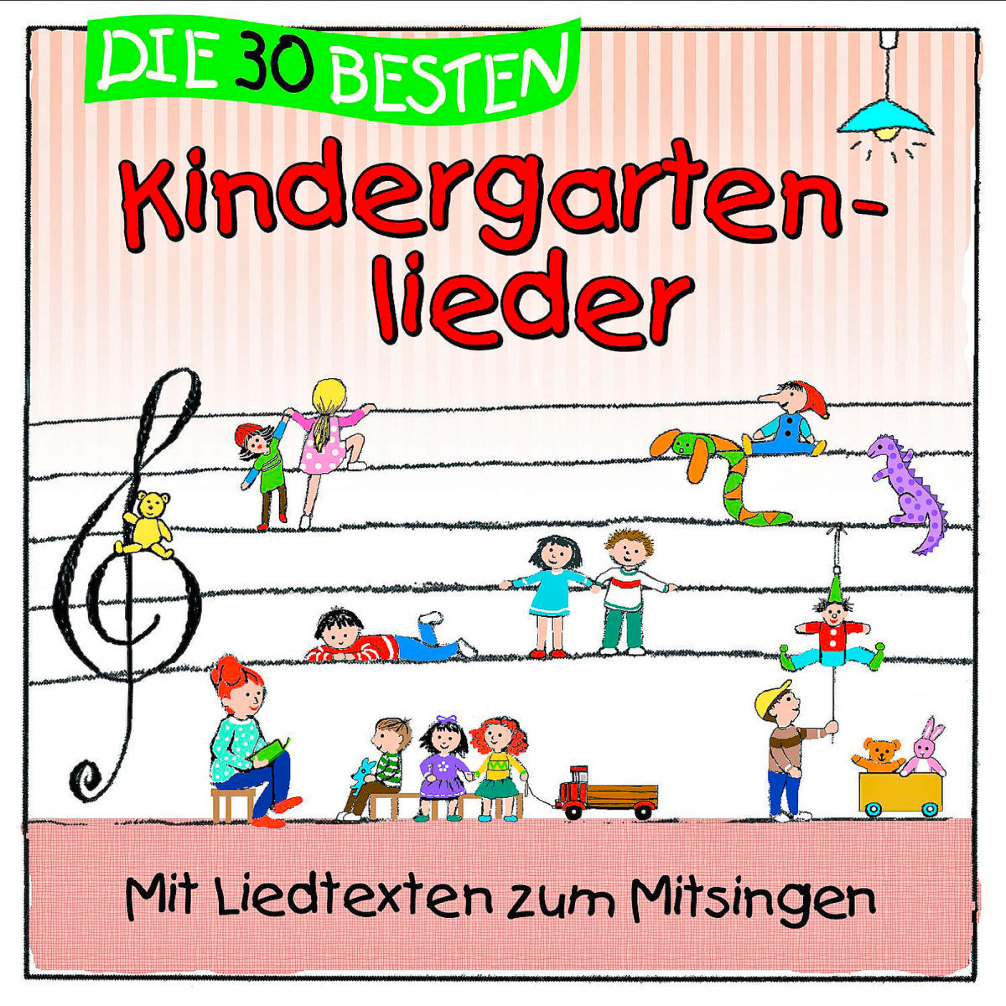 Kindergartenlieder Albumcover. Cartoon-Kinder und Noten auf gestreiftem Hintergrund.