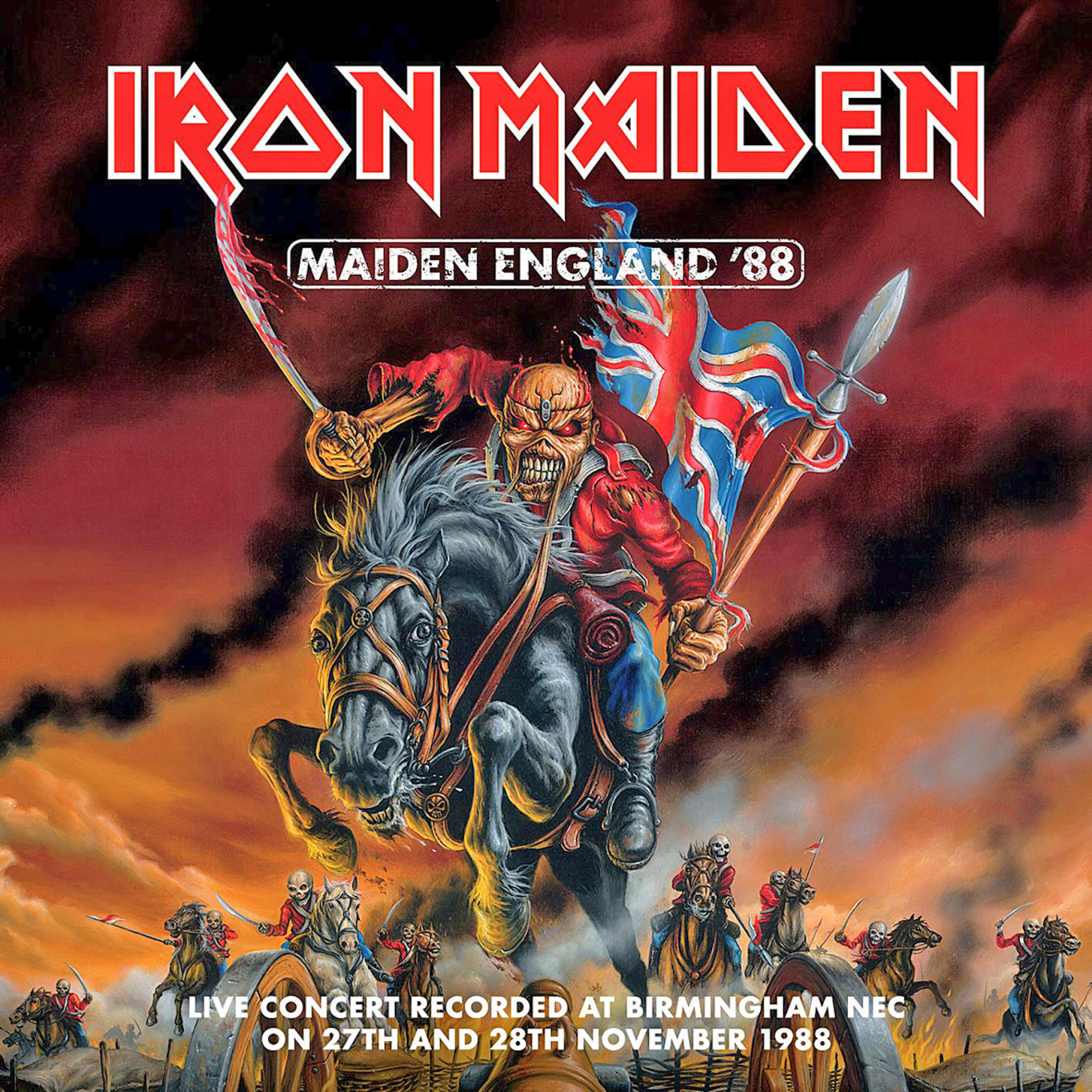 Iron Maiden-Albumcover. Ein Skelett auf einem Pferd mit Schwert, Union Jack-Flagge und anderen Soldaten.