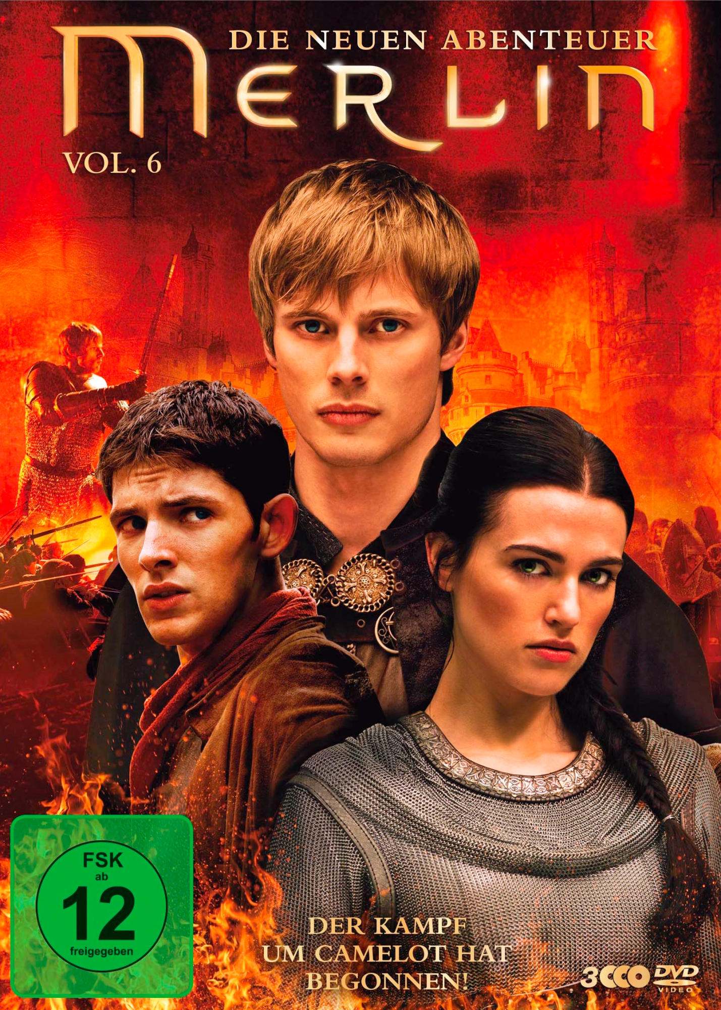 DVD-Cover. Drei Personen auf dem Cover. Der Titel lautet 'Die neuen Abenteuer Merlin' und 'Merlin' in Fettdruck.