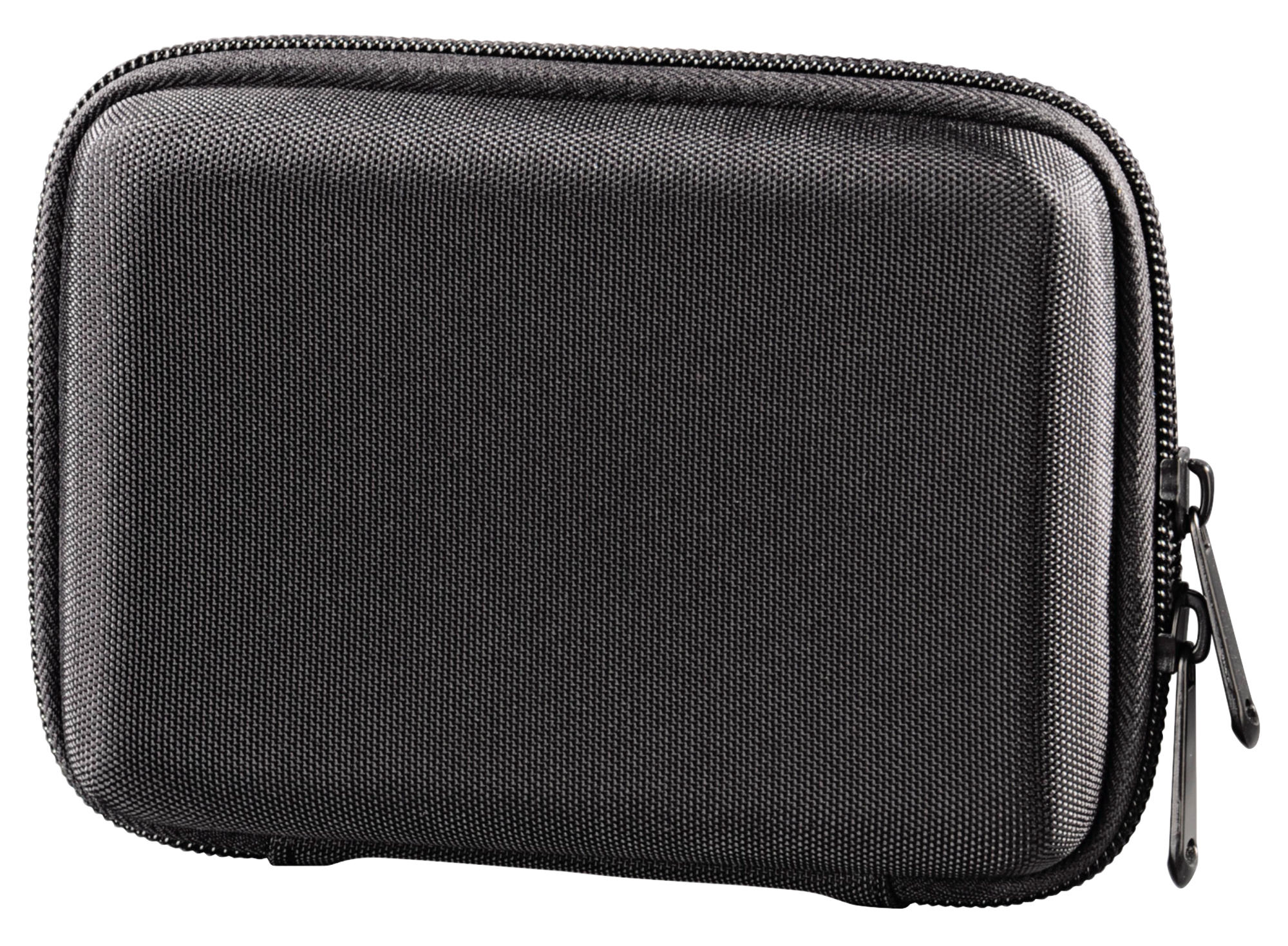 Custodia nera rettangolare con cerniera. È un piccolo contenitore rivestito in tessuto.