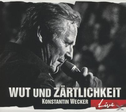 Schwarz-Weiß-Bild eines Mannes mit Mikrofon, der Text lautet 'Wut und Zärtlichkeit'.